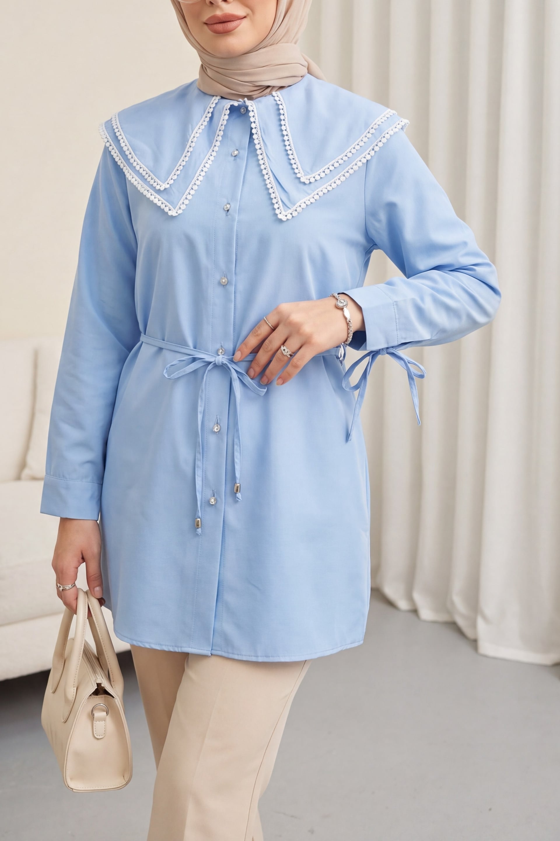 Lace-Trimmed Poplin Tunic with Tie Belt and Cuffed Sleeves - Light Blue - Podyumplus - by Peralane - photo 3