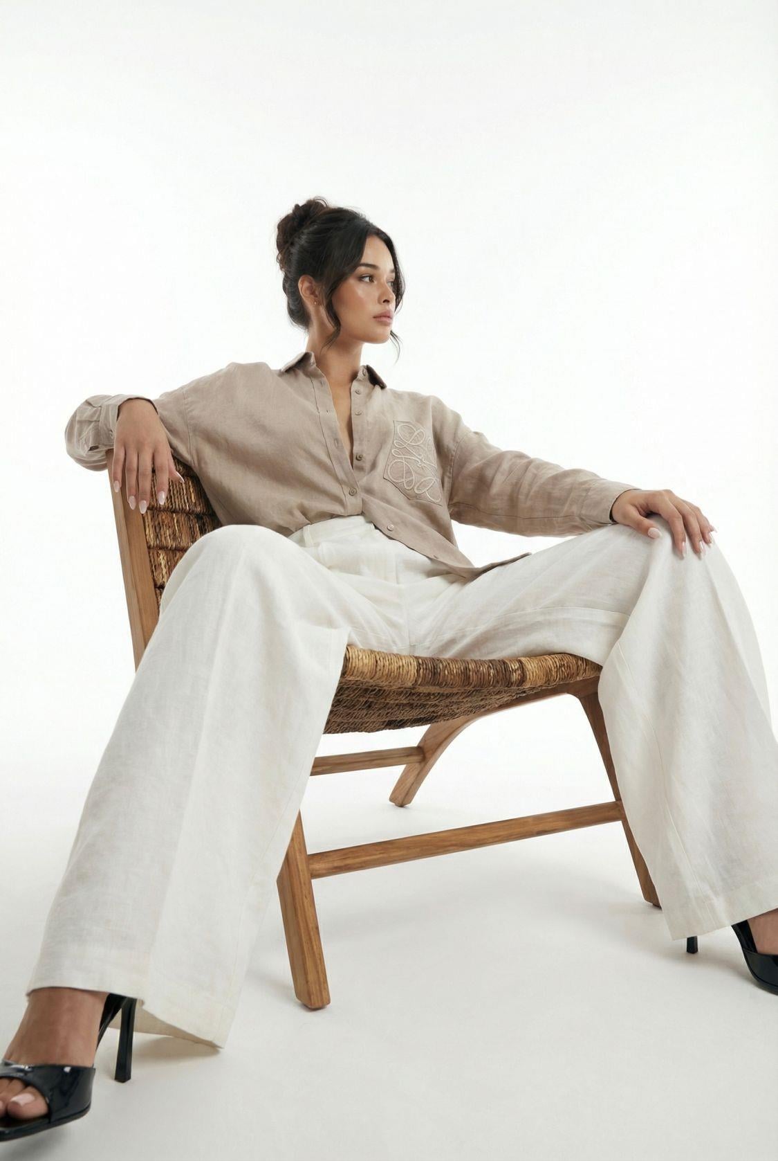 Women's Linen Blouse and Trousers Set in Beige and White - Fame - by Peralane - photo 5
