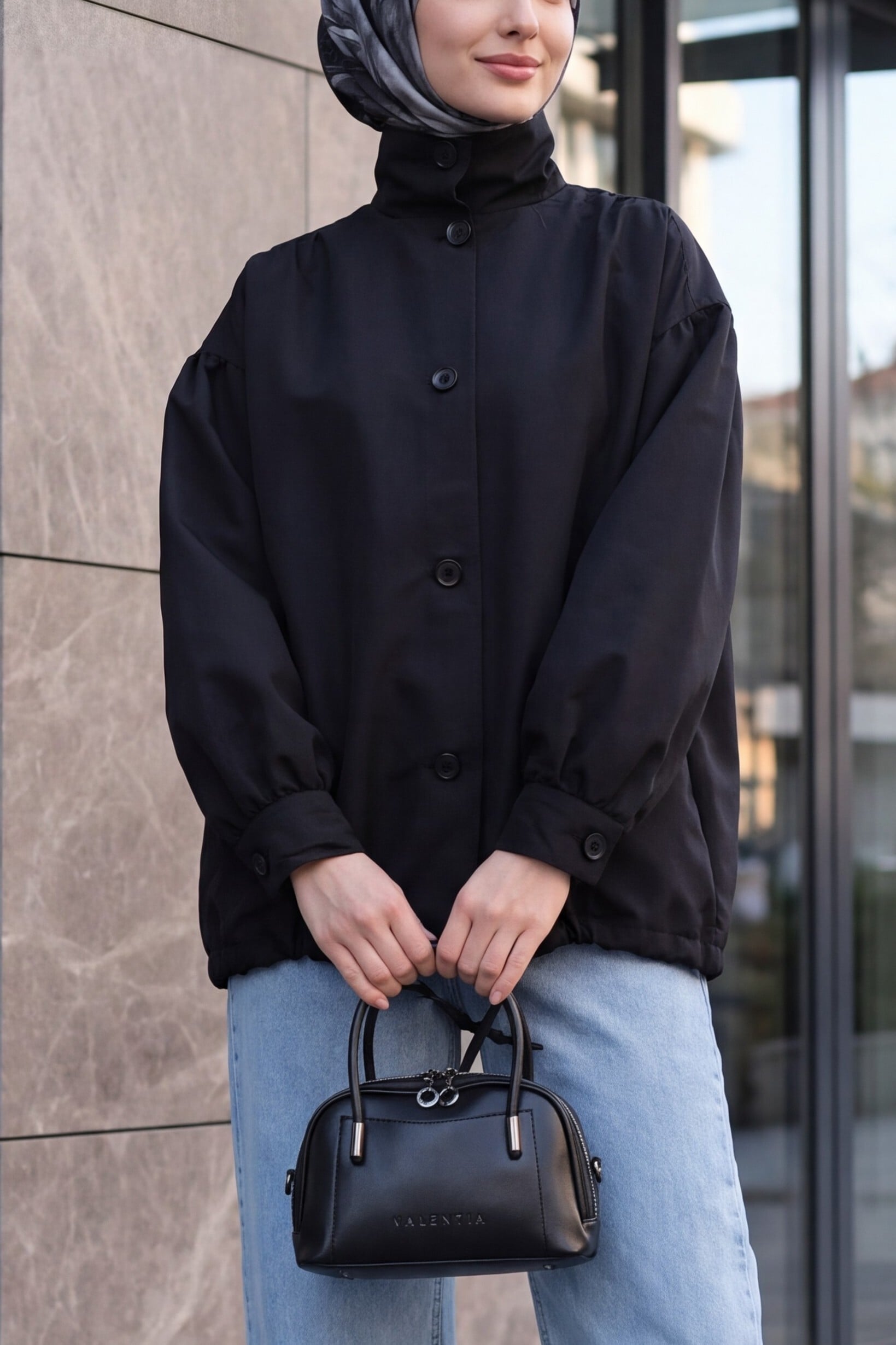 Black Balloon Sleeve Double Pocket Lined Buttoned Trench Coat - Podyumplus - by Peralane