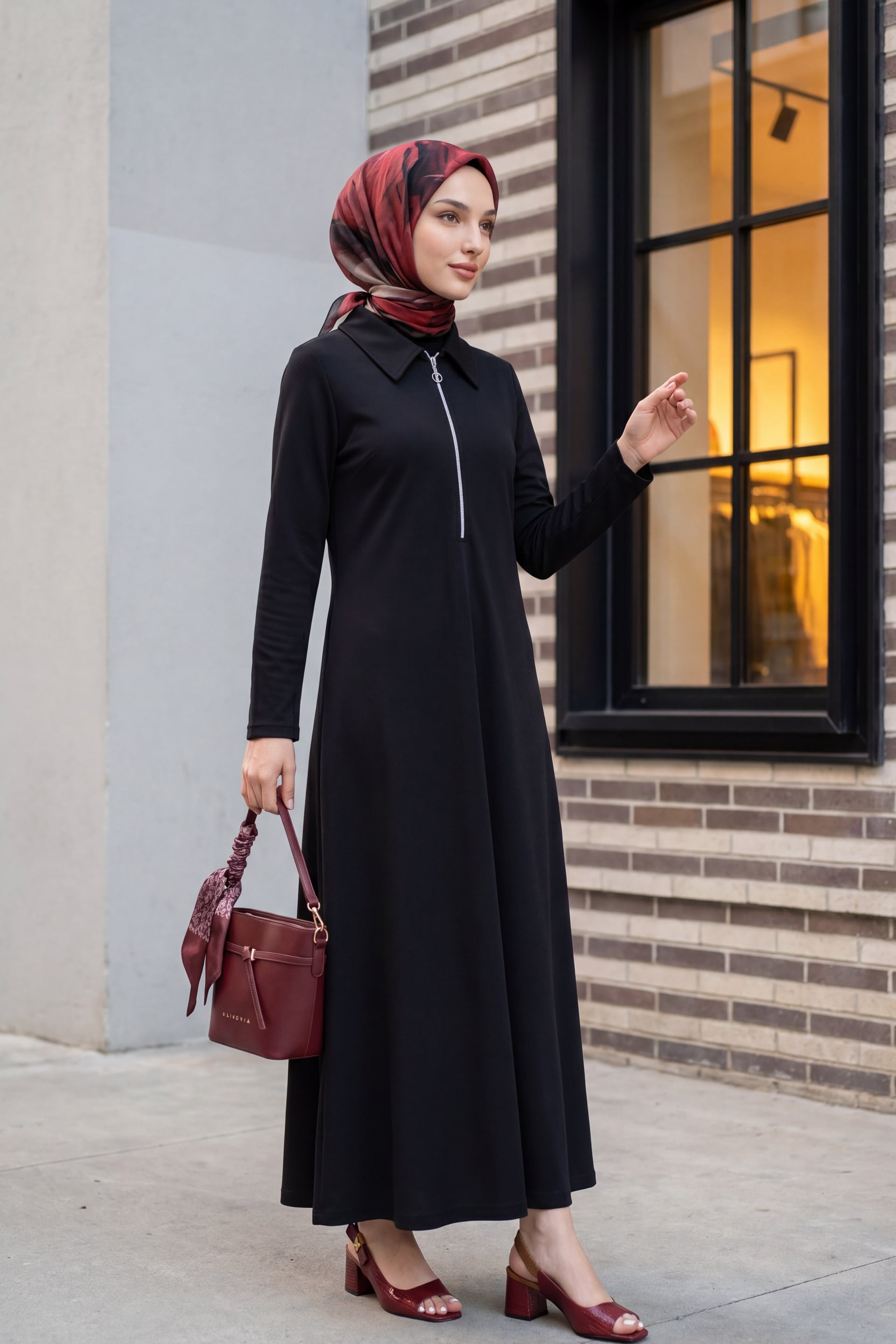 Half Zip Collared Long Shirt Dress - Black - Podyumplus - by Peralane - photo 2