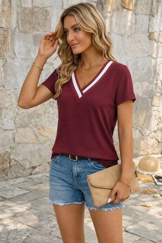 Women's Short-Sleeve V-Neck Ribbed T-Shirt in Deep Red - Janes - by Peralane - photo 2
