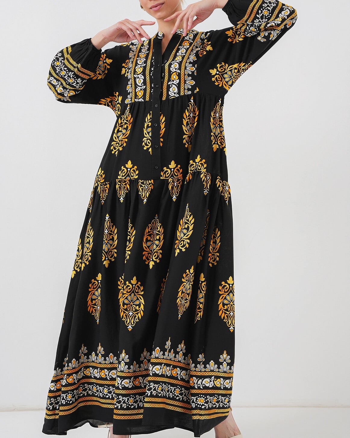 Black Authentic Pattern Modest Dress with V-Neck and Tiered Skirt - Bigdart - by Peralane - photo 2