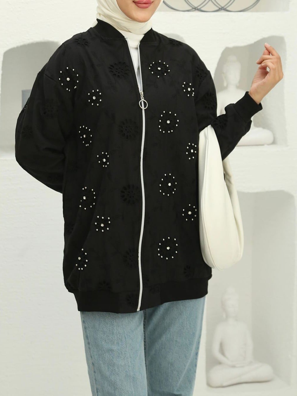 Black Beaded Cut-Out Detail Cotton Tunic - Afra Li̇ne - by Peralane