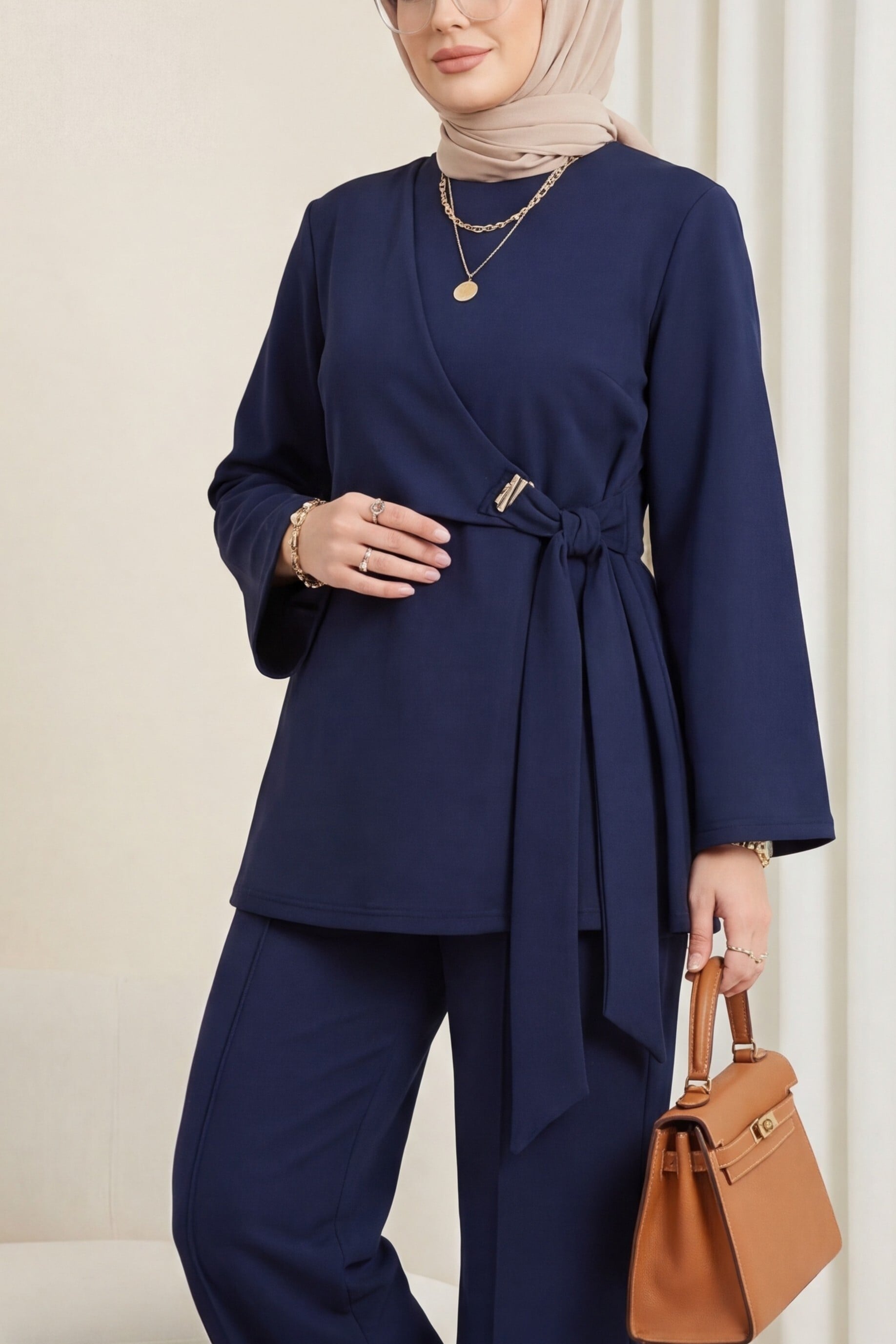 Navy Blue Wrap Front Scuba Two-Piece Set with Wide-Leg Trousers - Podyumplus - by Peralane - photo 2