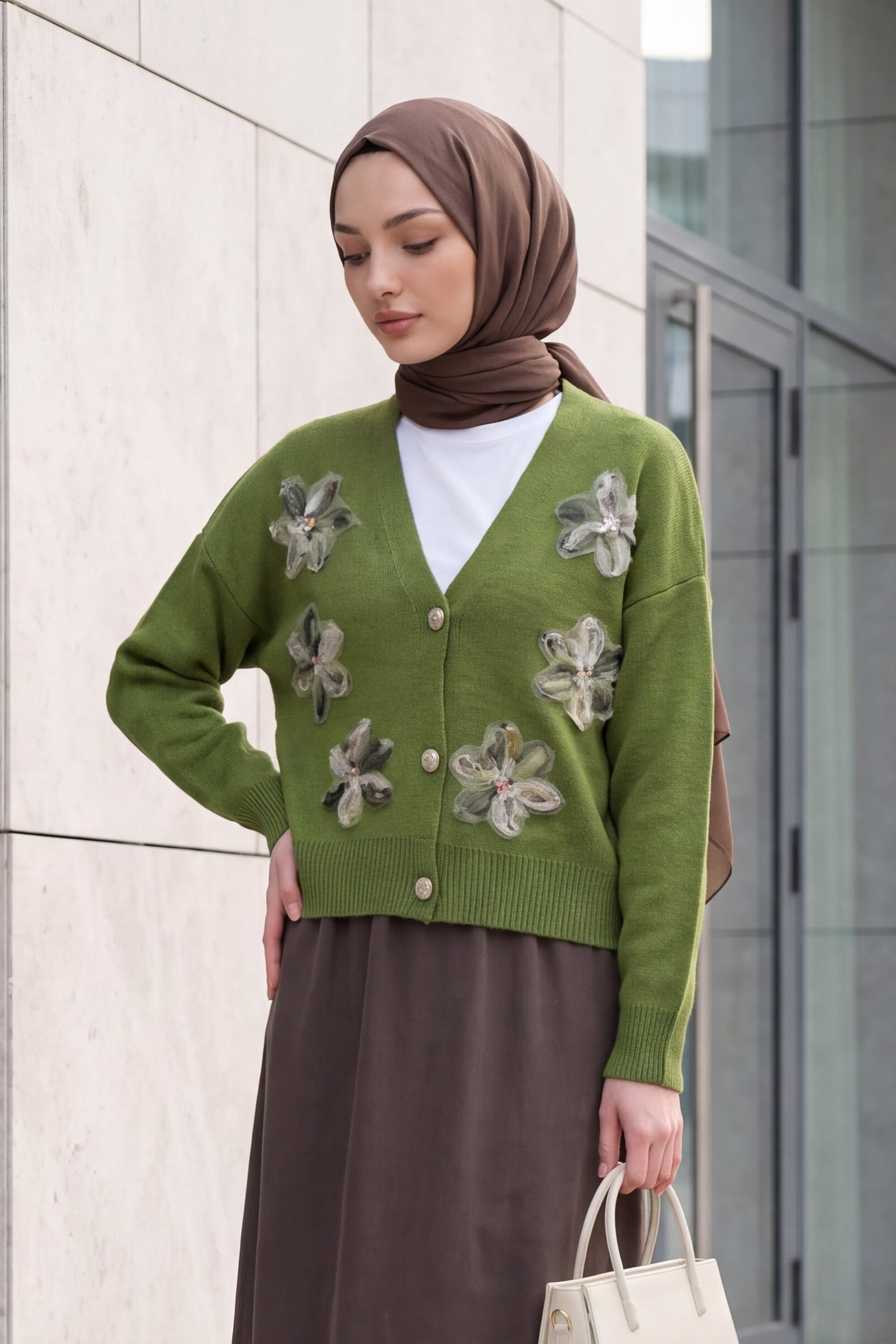 Sequin and Floral Beaded Knit Cardigan - Khaki - Podyumplus - by Peralane - photo 2