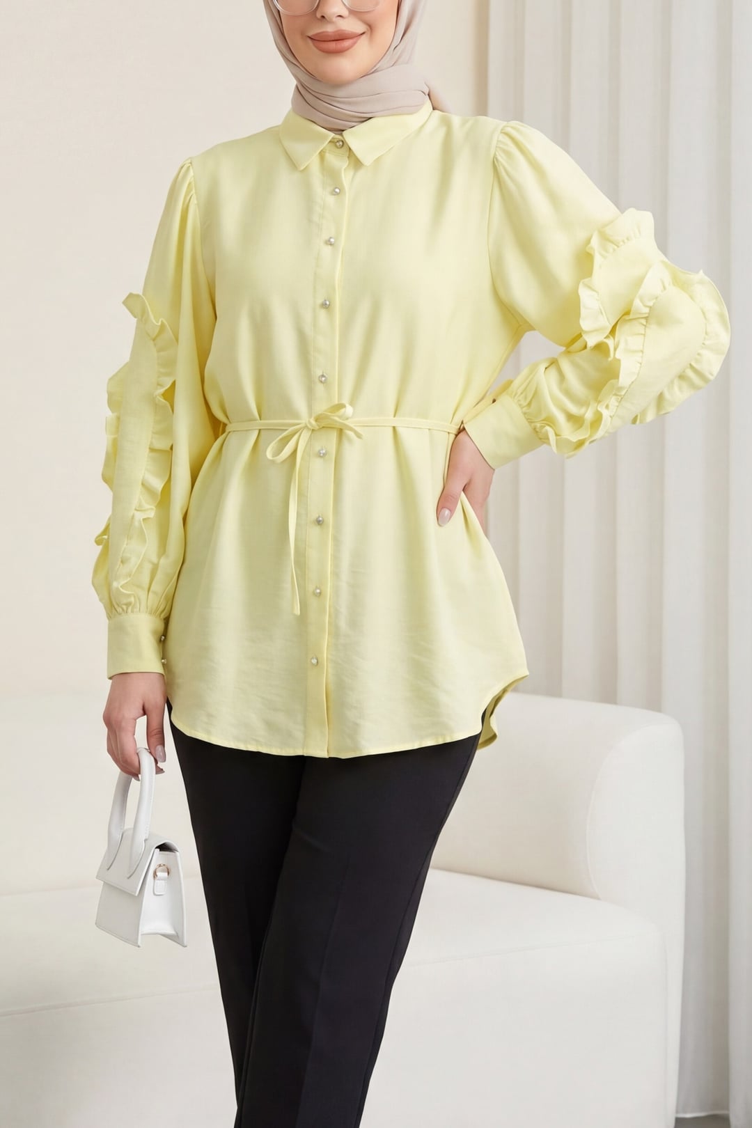 Ruffled Sleeve Blouse with Stone Buttons and Tie Front - Yellow - Podyumplus - by Peralane - photo 2