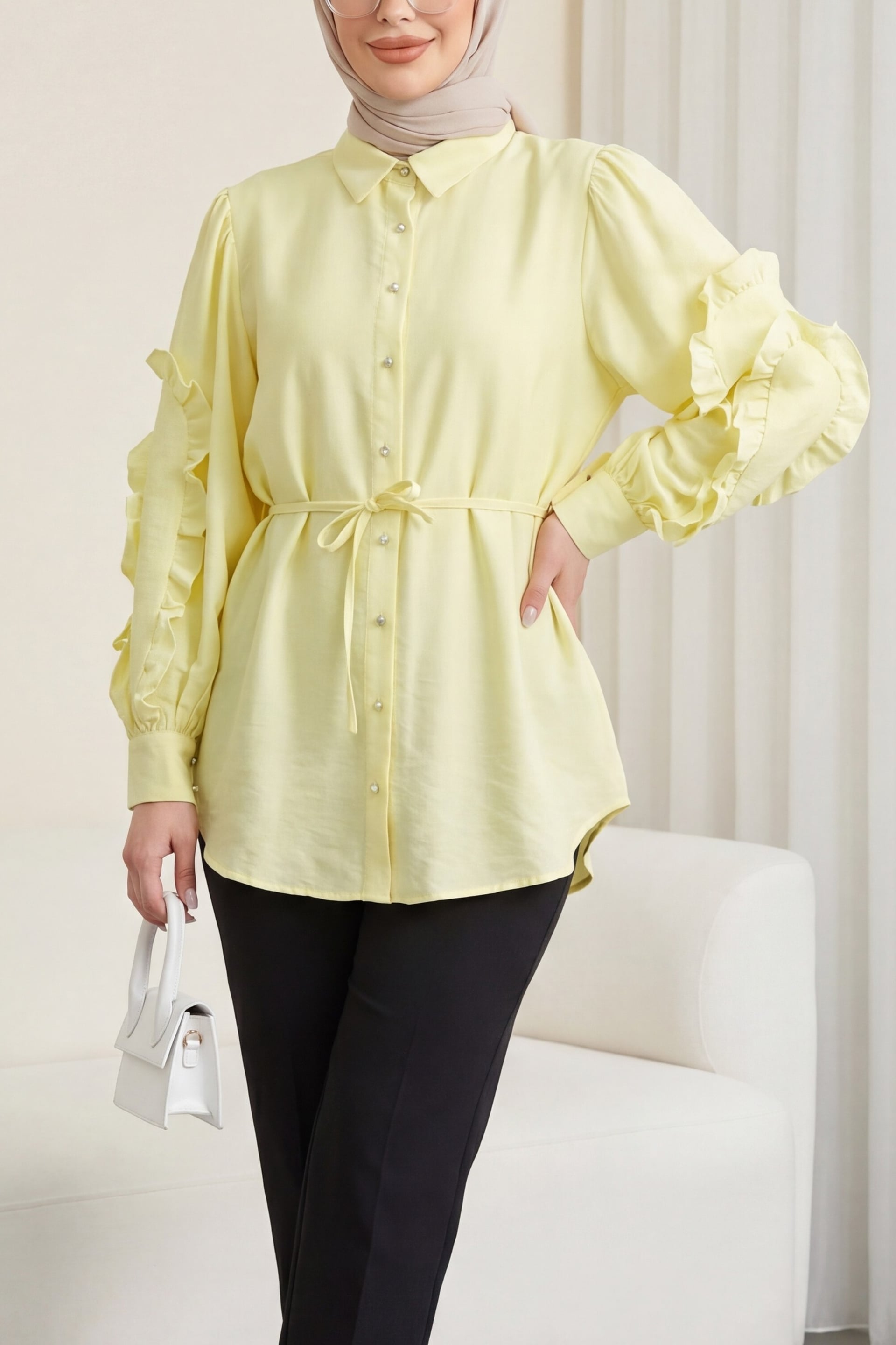 Ruffled Sleeve Blouse with Stone Buttons and Tie Front - Yellow - Podyumplus - by Peralane - photo 2