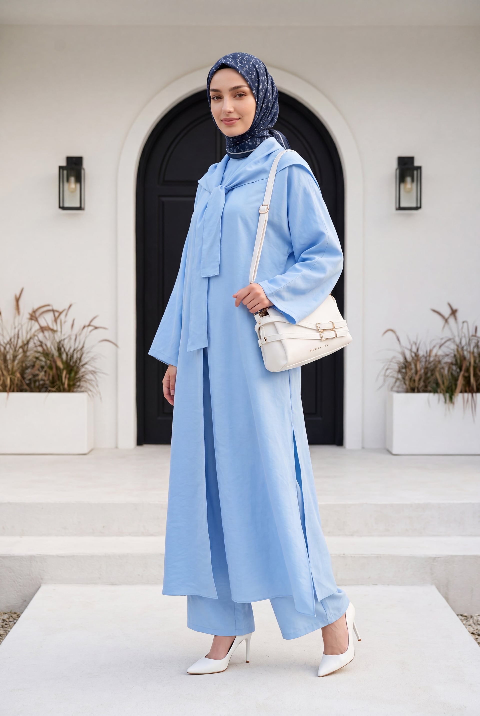 Light Blue Modal Two-Piece Set with Scarf Detail and Deep Slit Pants with Pockets - Podyumplus - by Peralane - photo 2
