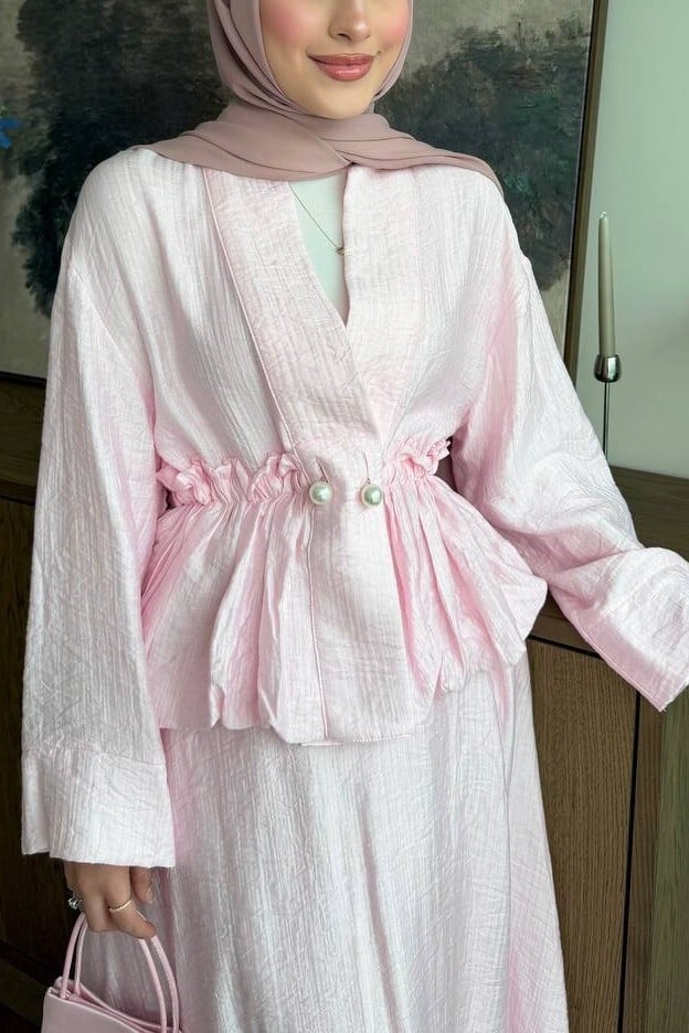 Tunnel Lace Pearl Button Lined Tencel Muslin Modest Set - Pink - Podyumplus - by Peralane - photo 4