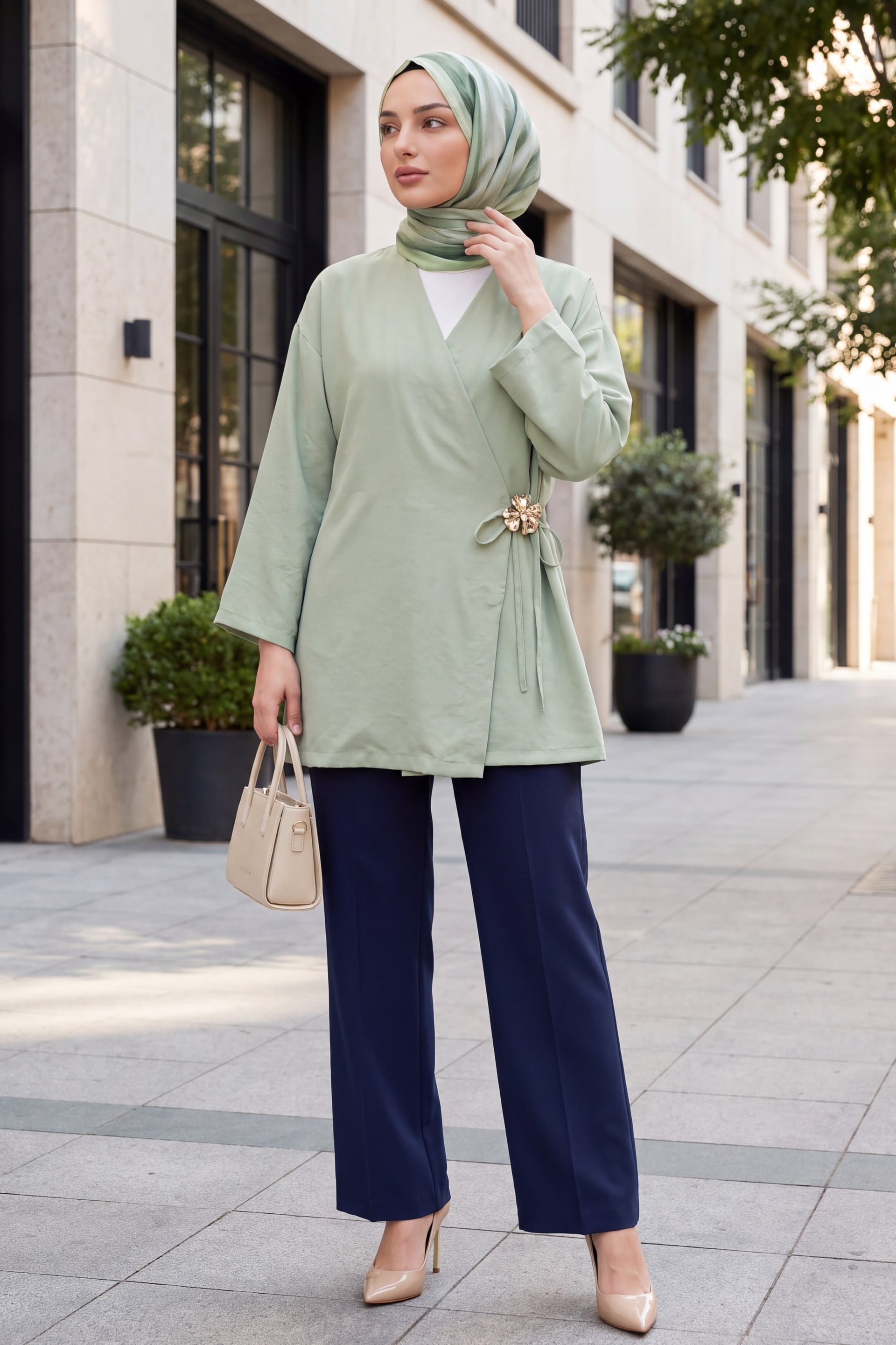 Side Wrap Tie Brooch Modal Tunic in Sage Green - Podyumplus - by Peralane - photo 6