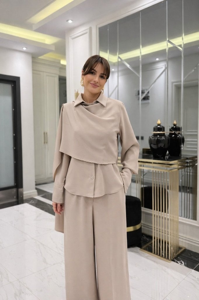 Women's Long Sleeve Shawl Detail Blouse and Wide-Leg Trousers Two-Piece Set with Belt - Janes - by Peralane - photo 3