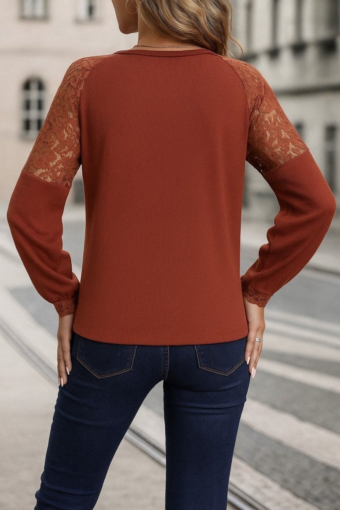 Women's Long Sleeve V-Neck Lace-Trimmed Waffle Blouse - Janes - by Peralane - photo 3