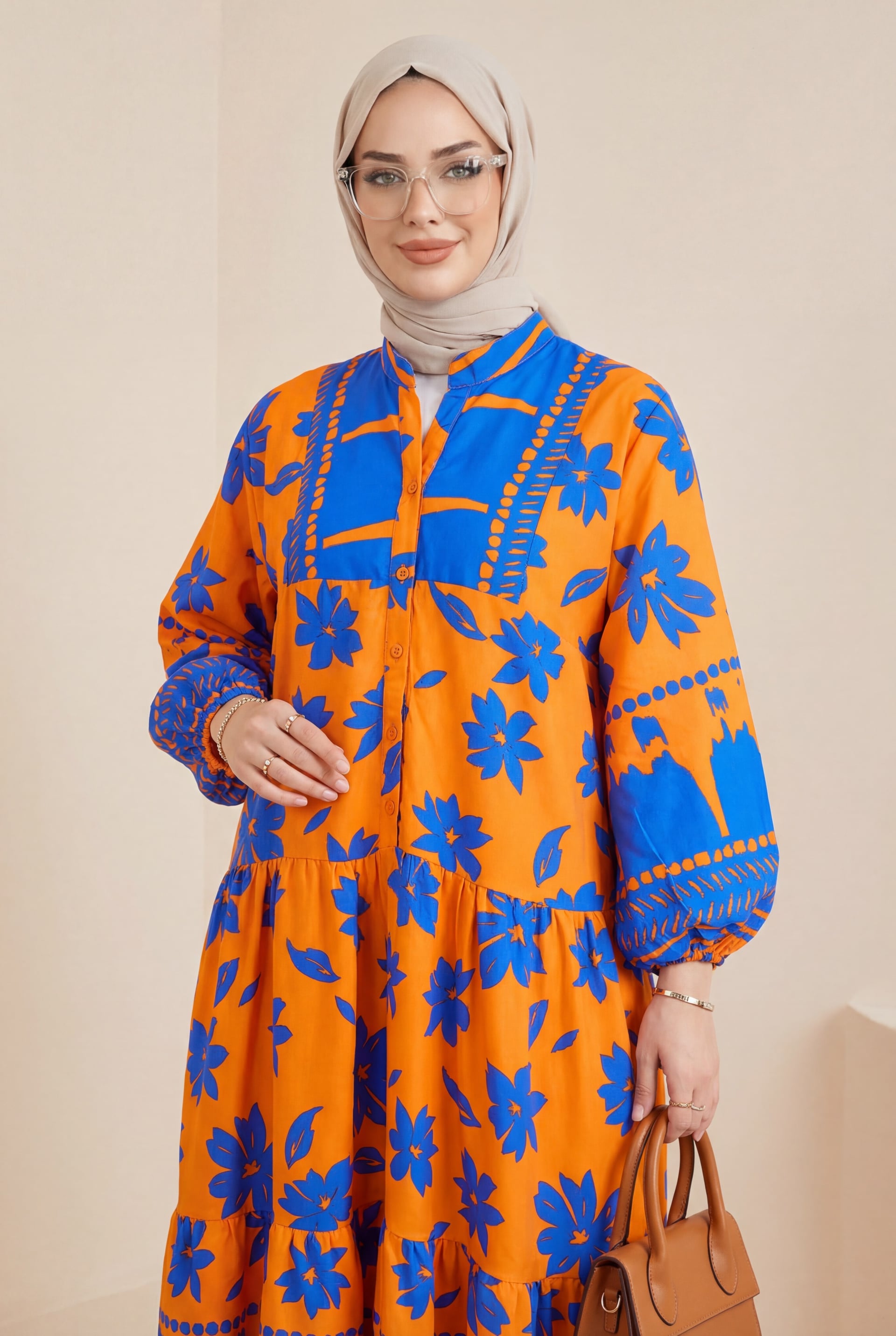 Half-Buttoned Long-Sleeved Floral Print Dress - Orange - Podyumplus - by Peralane - photo 2