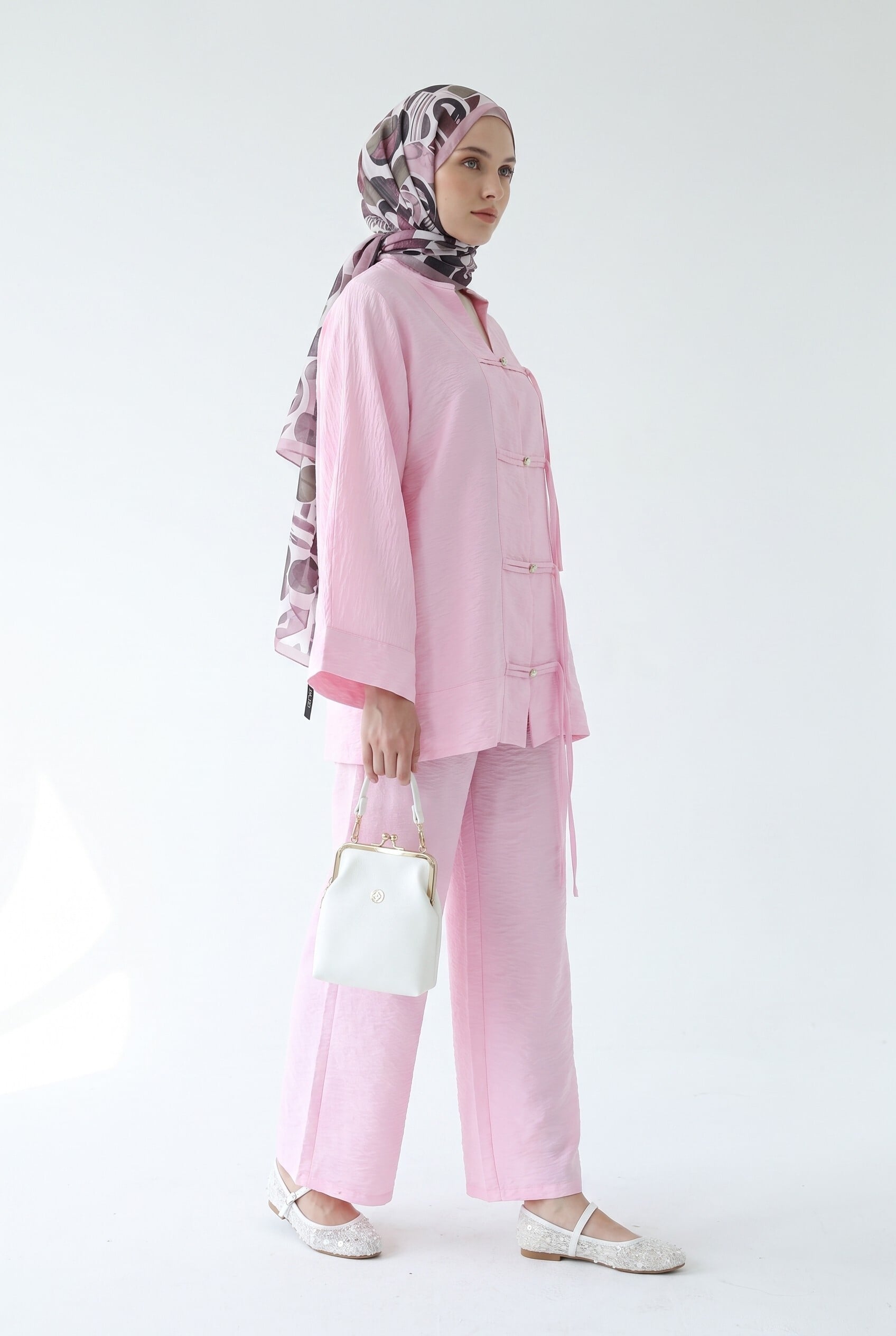 Pink Stone-Button Wide-Leg Tunic and Trousers Two-Piece Set - Podyumplus - by Peralane - photo 8