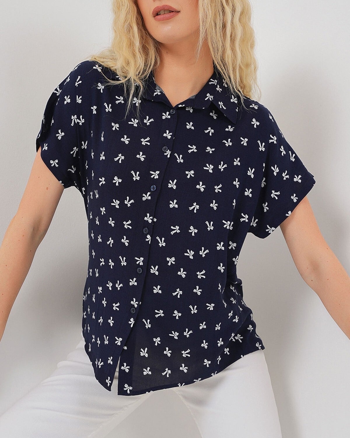 Navy Blue Short-Sleeved Bow Print Blouse for Women - Bigdart - by Peralane - photo 2