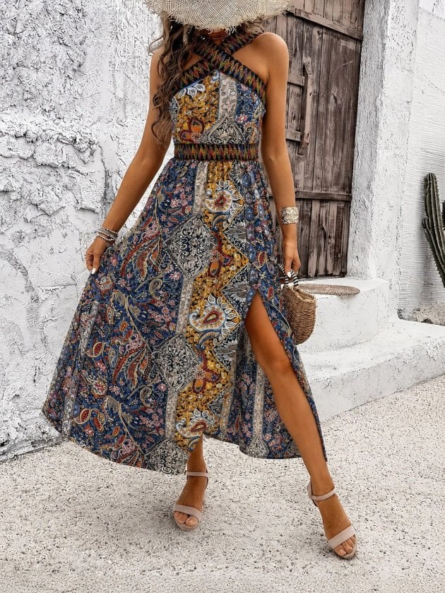 Women's Halter Neck Ethnic Print Maxi Dress with Slit - Janes - by Peralane