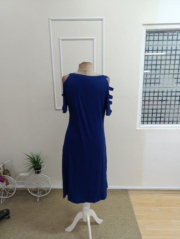 Women's Navy Blue Short-Sleeve V-Neck Midi Dress with Shoulder Cut-Outs - Janes - by Peralane - photo 3