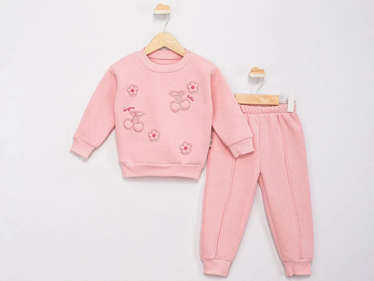 Girls' Embroidered Cherry and Bonjour Sweatshirt and Trousers Set - Light Pink - Feely Kids - by Peralane