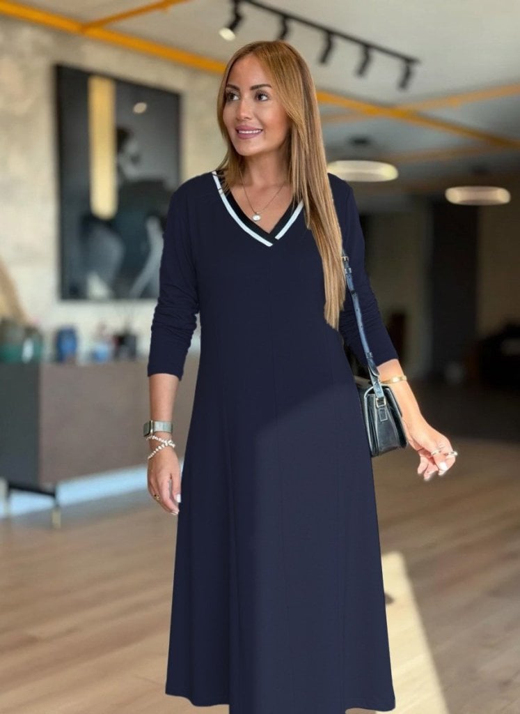Women's Long Sleeve V-Neck Midi Navy Blue Knit Dress - Janes - by Peralane