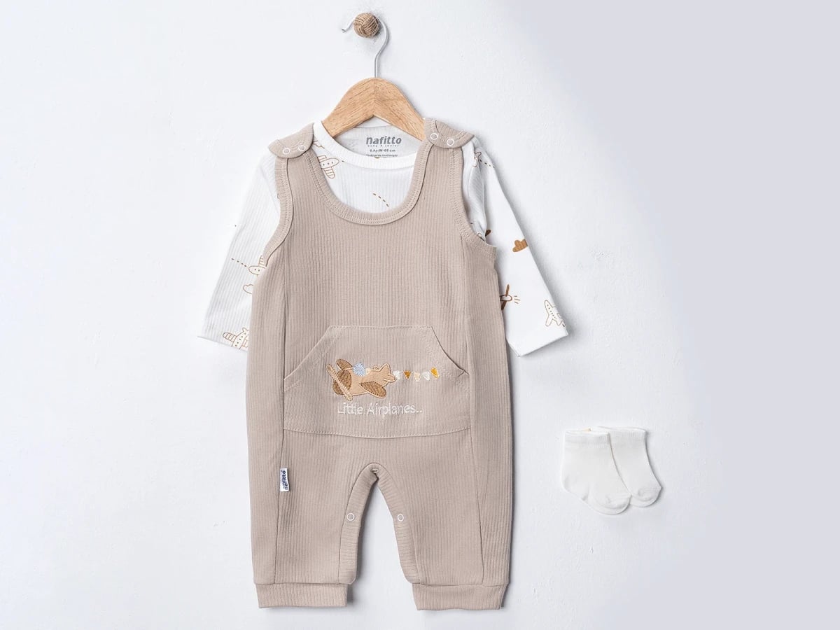 Baby Boys Ribbed Romper with Airplane Print and Socks - Beige (Pack of 3) - Nafitto - by Peralane