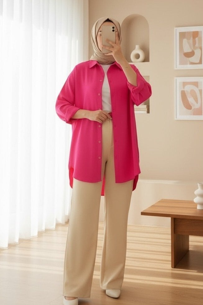Oversize Basic Modest Shirt - Dark Pink - Bigdart - by Peralane