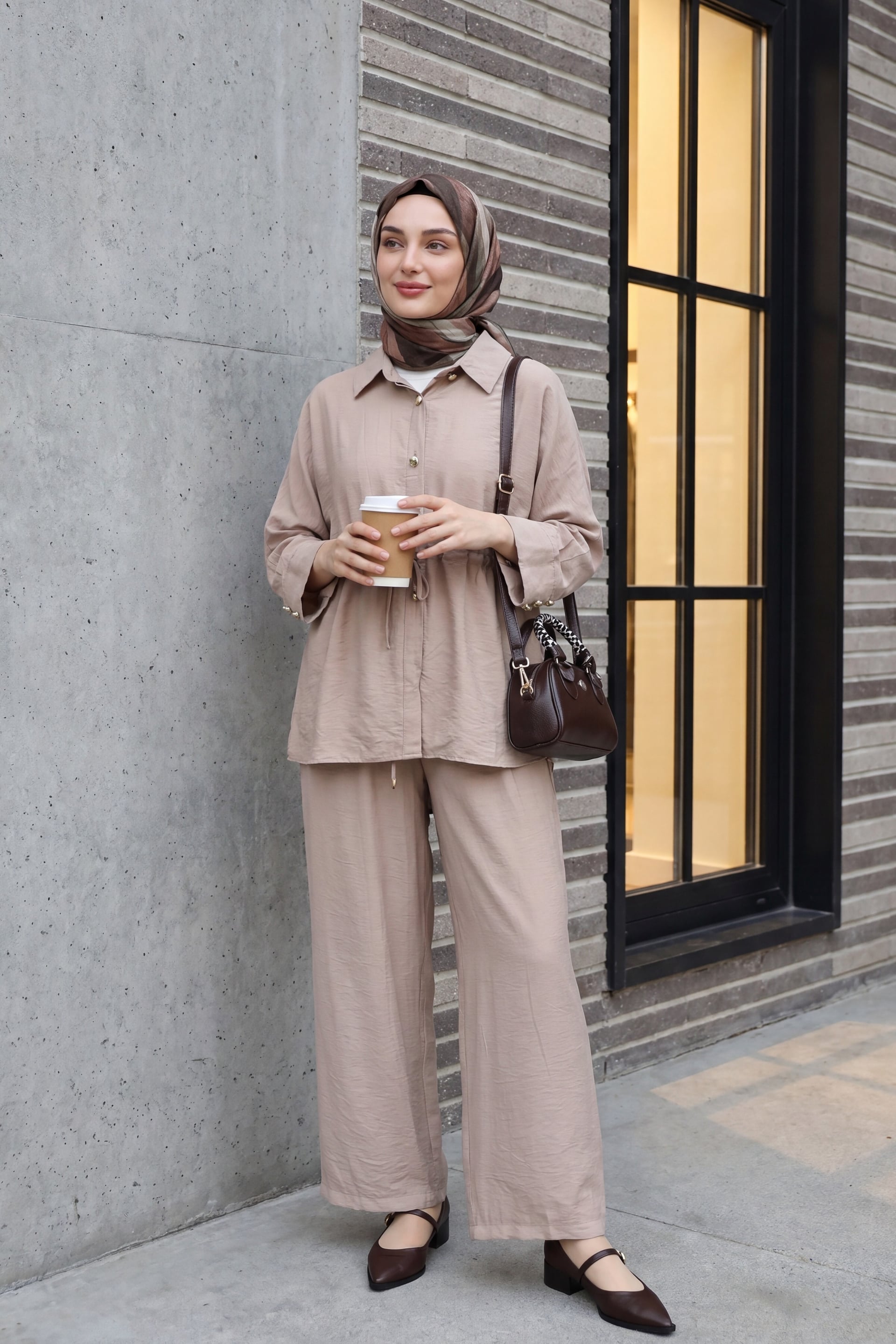 Cotton Crinkle Two-Piece Set with Tunnel Lace-Up Elastic Waist Pants - Light Beige - Podyumplus - by Peralane - photo 3