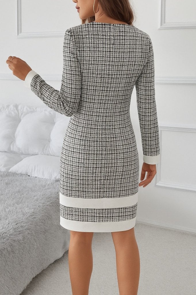 Women's Long-Sleeve Round Neck Plaid Mini Woven Dress with Trim Details - Janes - by Peralane - photo 4