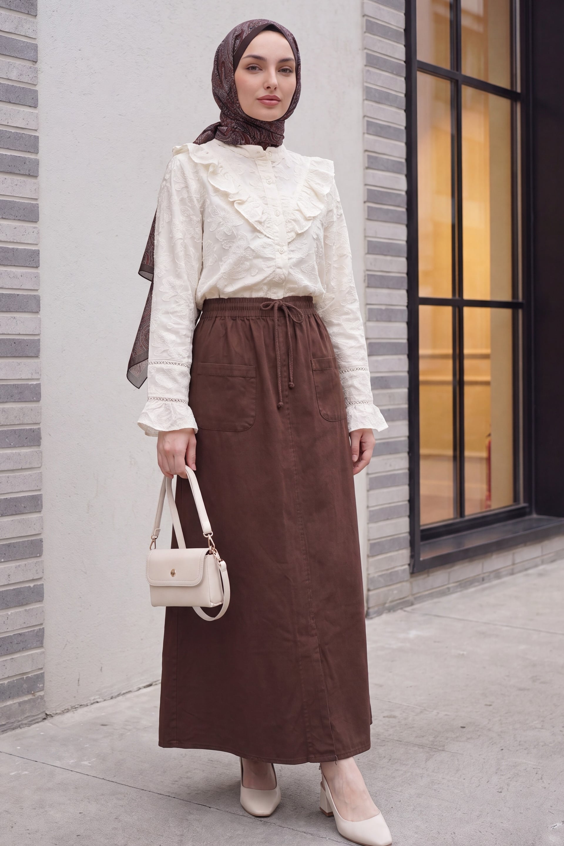 Brown Drawstring Waist Linen-Look Slit Skirt - Podyumplus - by Peralane - photo 4