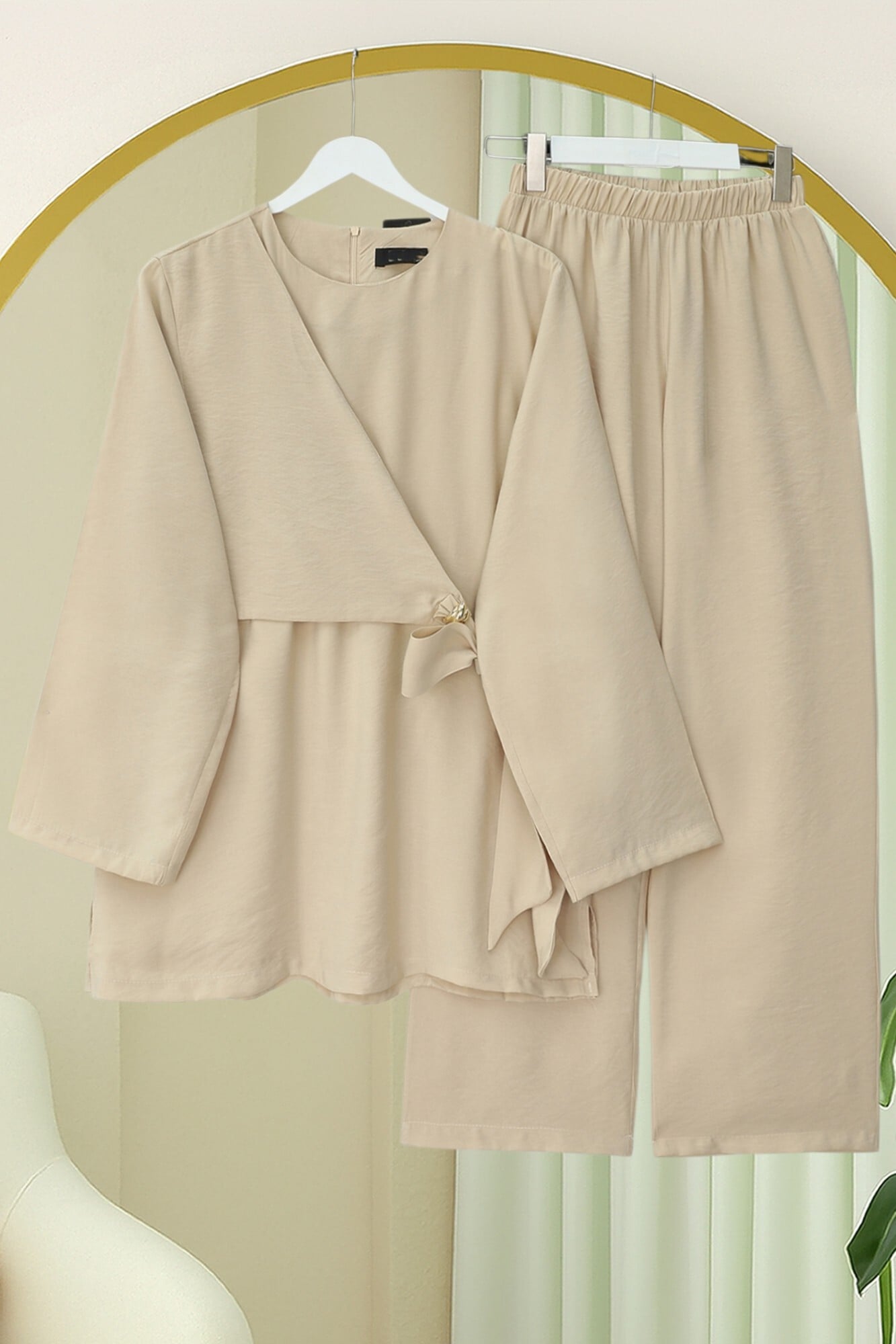Beige Wrap-Waist Modal Tunic and Wide-Leg Trousers Set - Podyumplus - by Peralane - photo 3