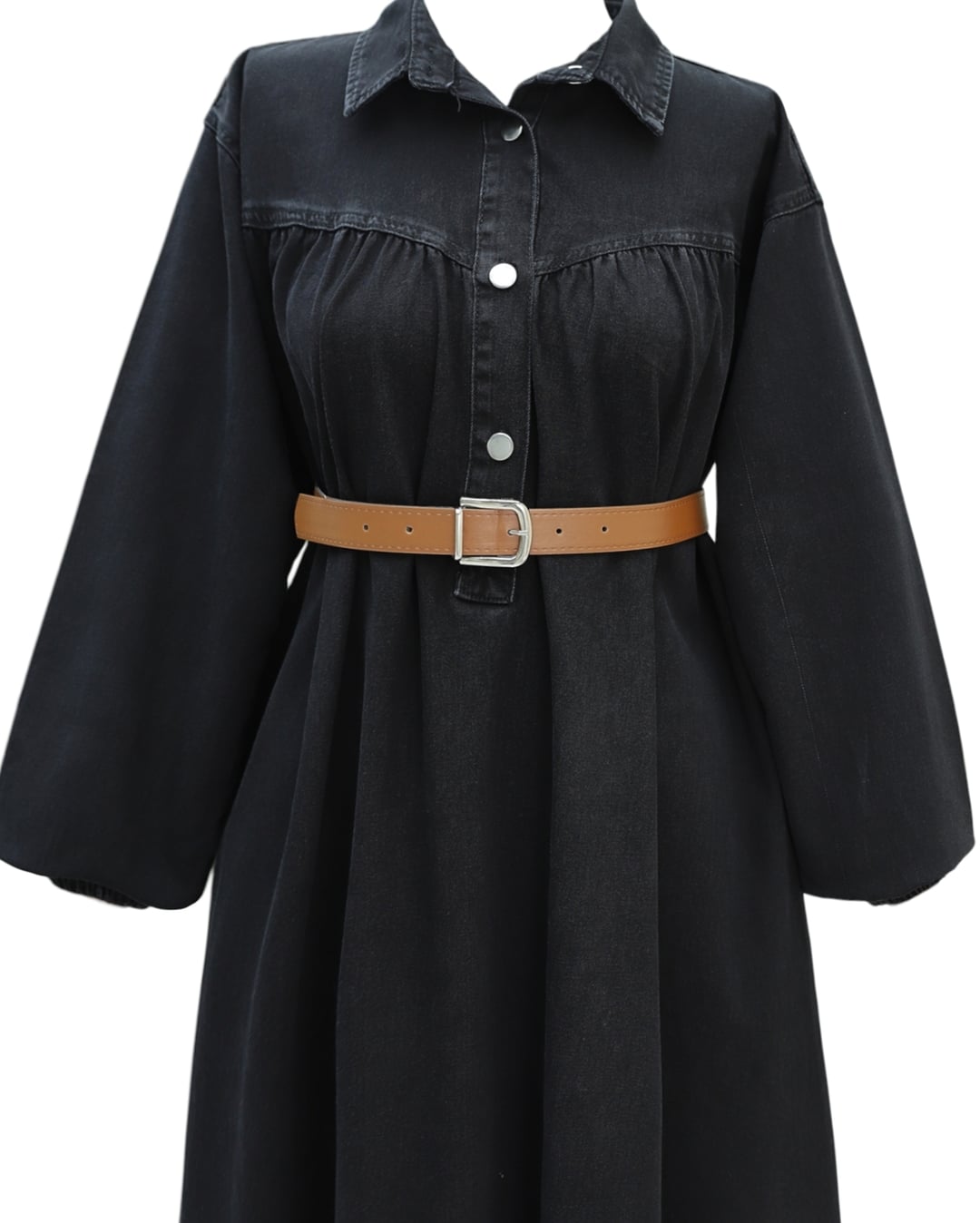 Half Button Long Sleeve Belted Denim Dress - Black - Podyumplus - by Peralane - photo 7
