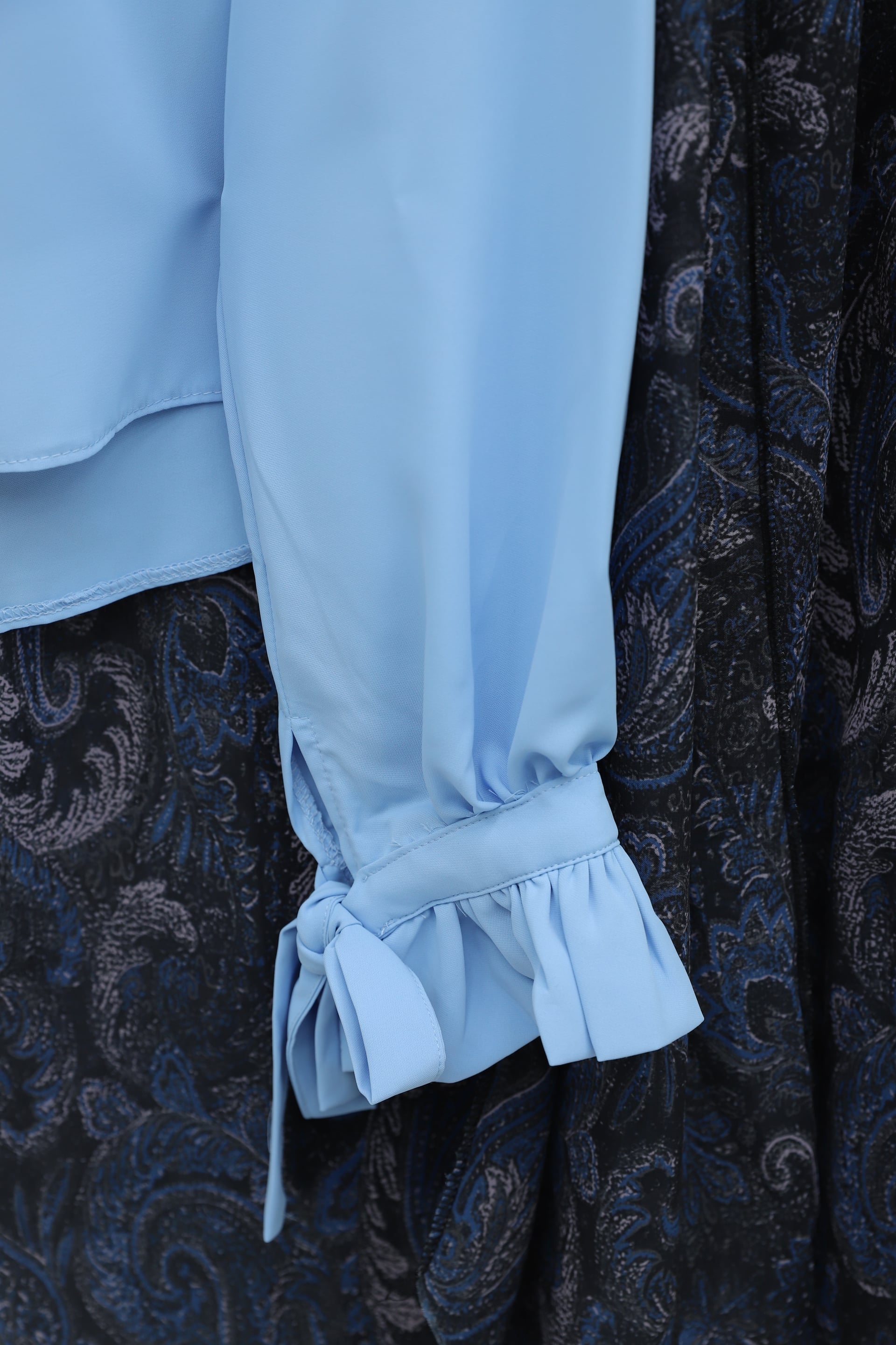 High Neck Ruffled Sleeve Lace-Up Crepe Blouse - Baby Blue - Podyumplus - by Peralane - photo 6