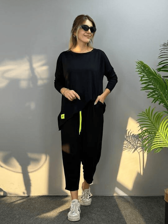 Women's Two-Piece Loungewear Set in Black with Neon Yellow Drawstring - Janes - by Peralane