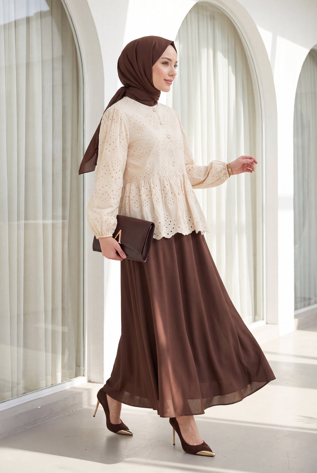 Cream Eyelet Embroidered Peplum Blouse with Puff Sleeves - Podyumplus - by Peralane - photo 2