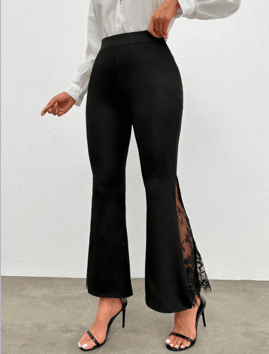Women's Black Flared Lace Detail High Waist Trousers - Janes - by Peralane - photo 9