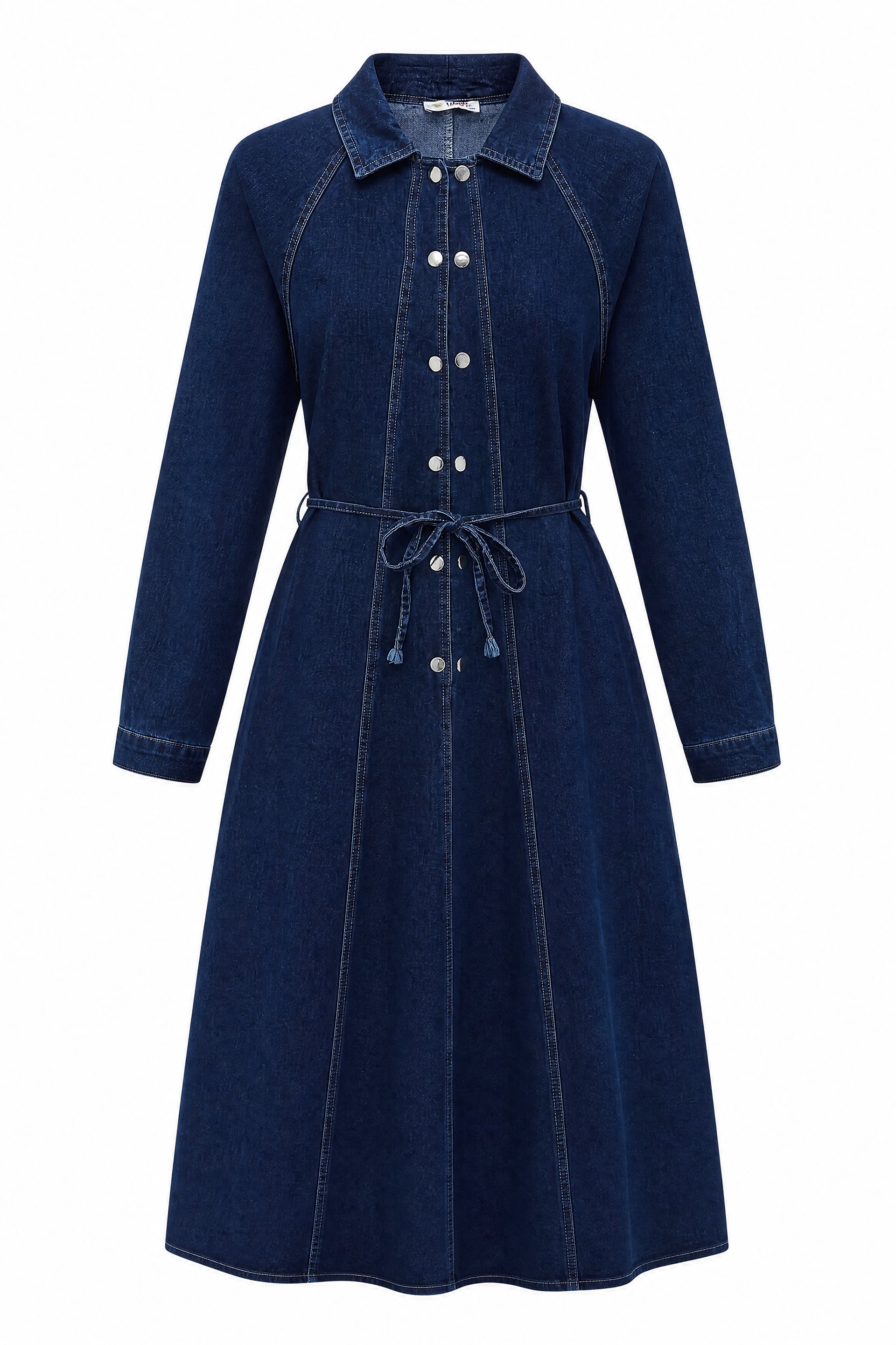 Long Denim Dress with Collar and Belt - Navy Blue - Podyumplus - by Peralane - photo 5