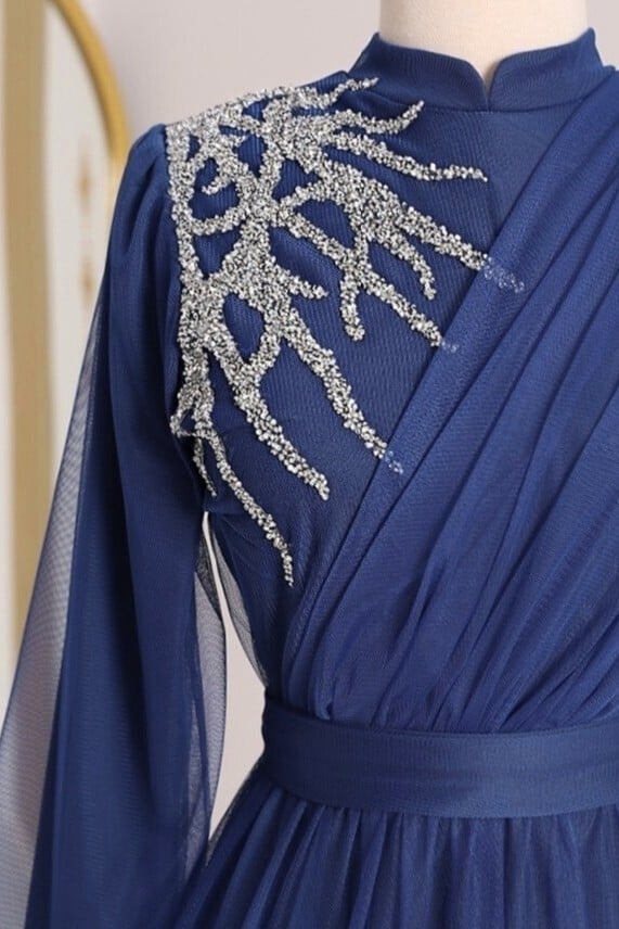 Navy Blue Stone Detailed Draped Belted Tulle Evening Dress - Podyumplus - by Peralane - photo 9