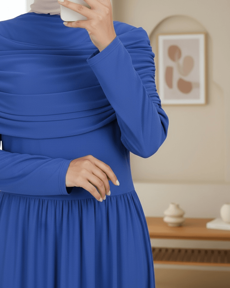 Pleated Long Royal Blue Dress with Ruched Overlay - Podyumplus - by Peralane - photo 3