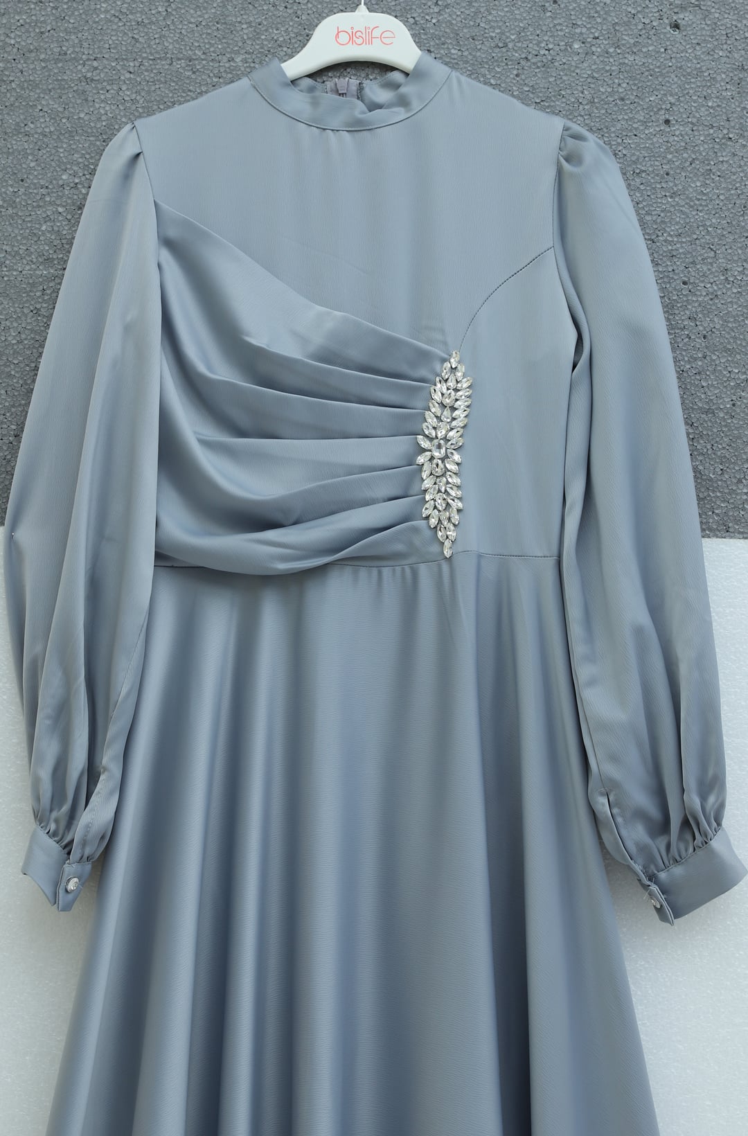 Front Ruched Stone Detail Satin Dress - Silver - Podyumplus - by Peralane - photo 5