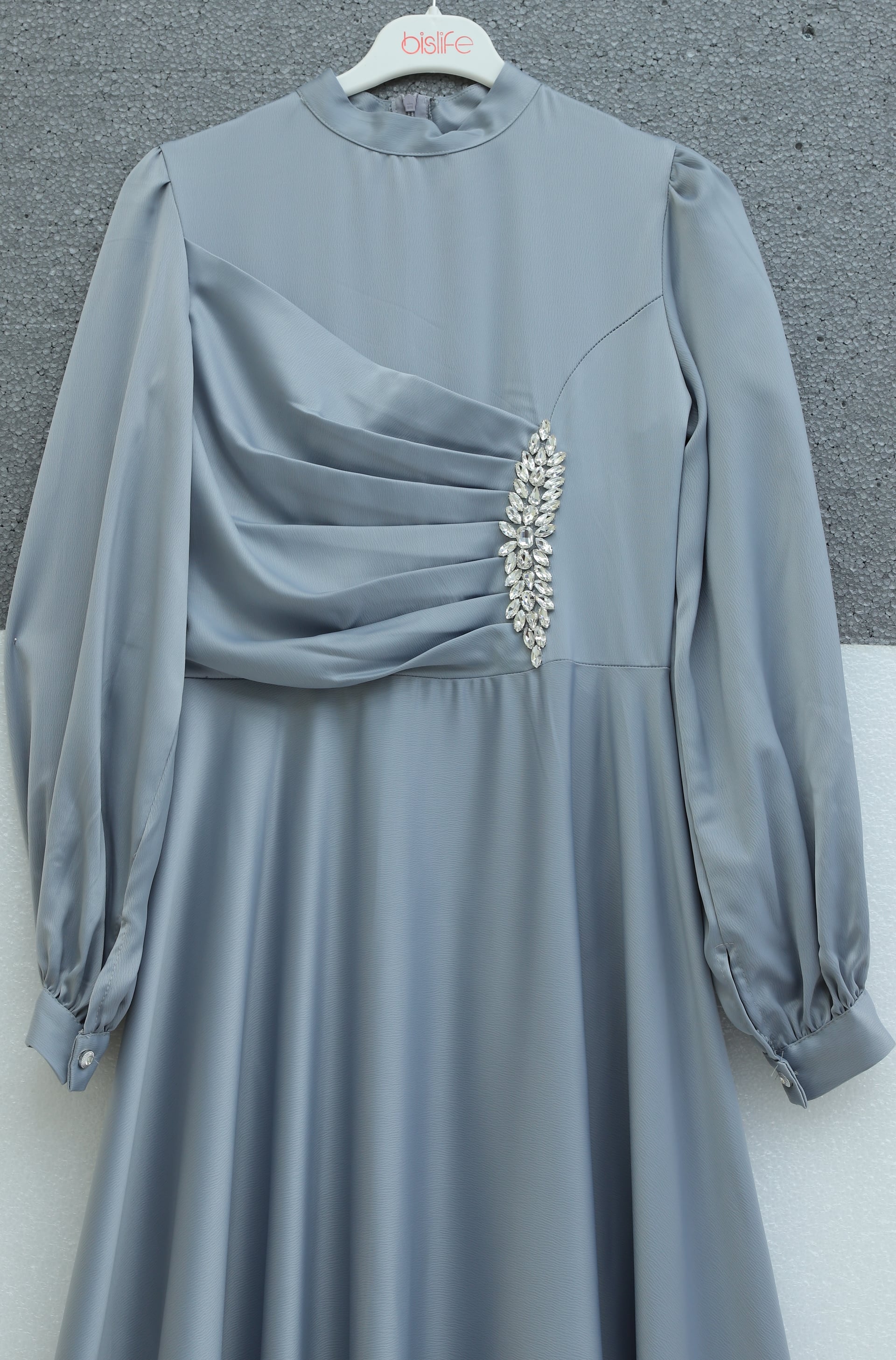Front Ruched Stone Detail Satin Dress - Silver - Podyumplus - by Peralane - photo 5