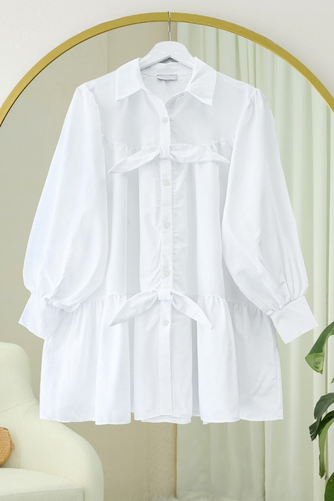 Button-Front Ribbon Detail Relaxed Shirt - White - Podyumplus - by Peralane