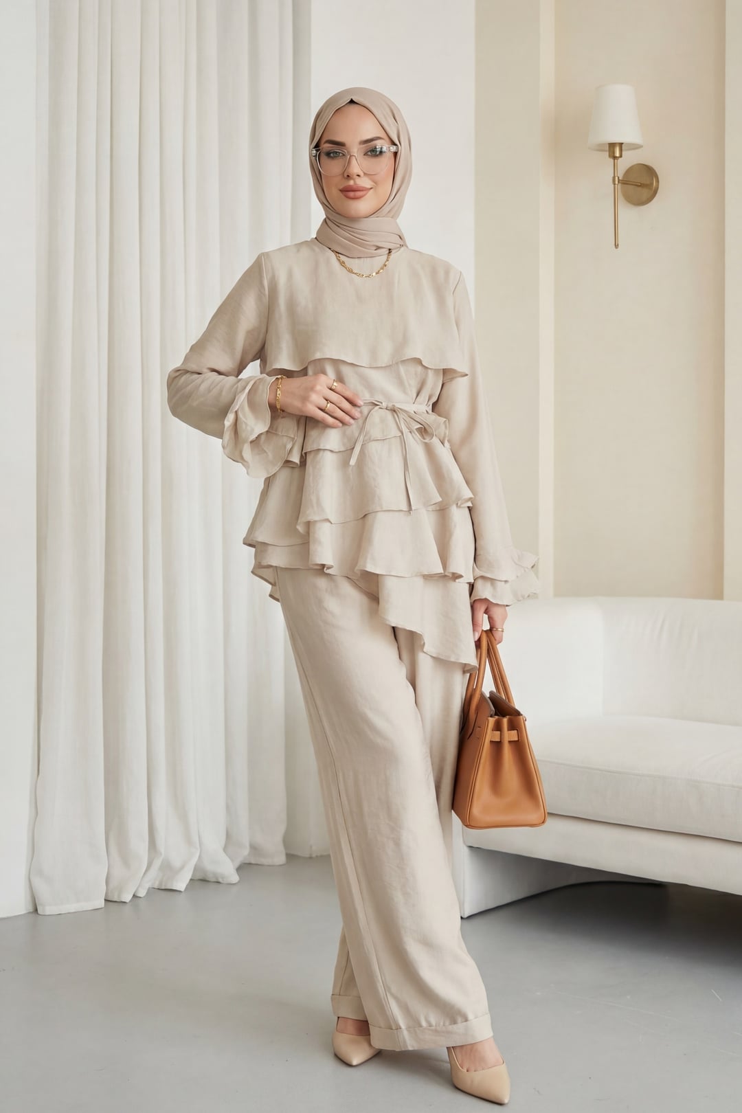 Asymmetric Layered Lace-Up Lined Co-ord Set in Stone - Podyumplus - by Peralane - photo 3