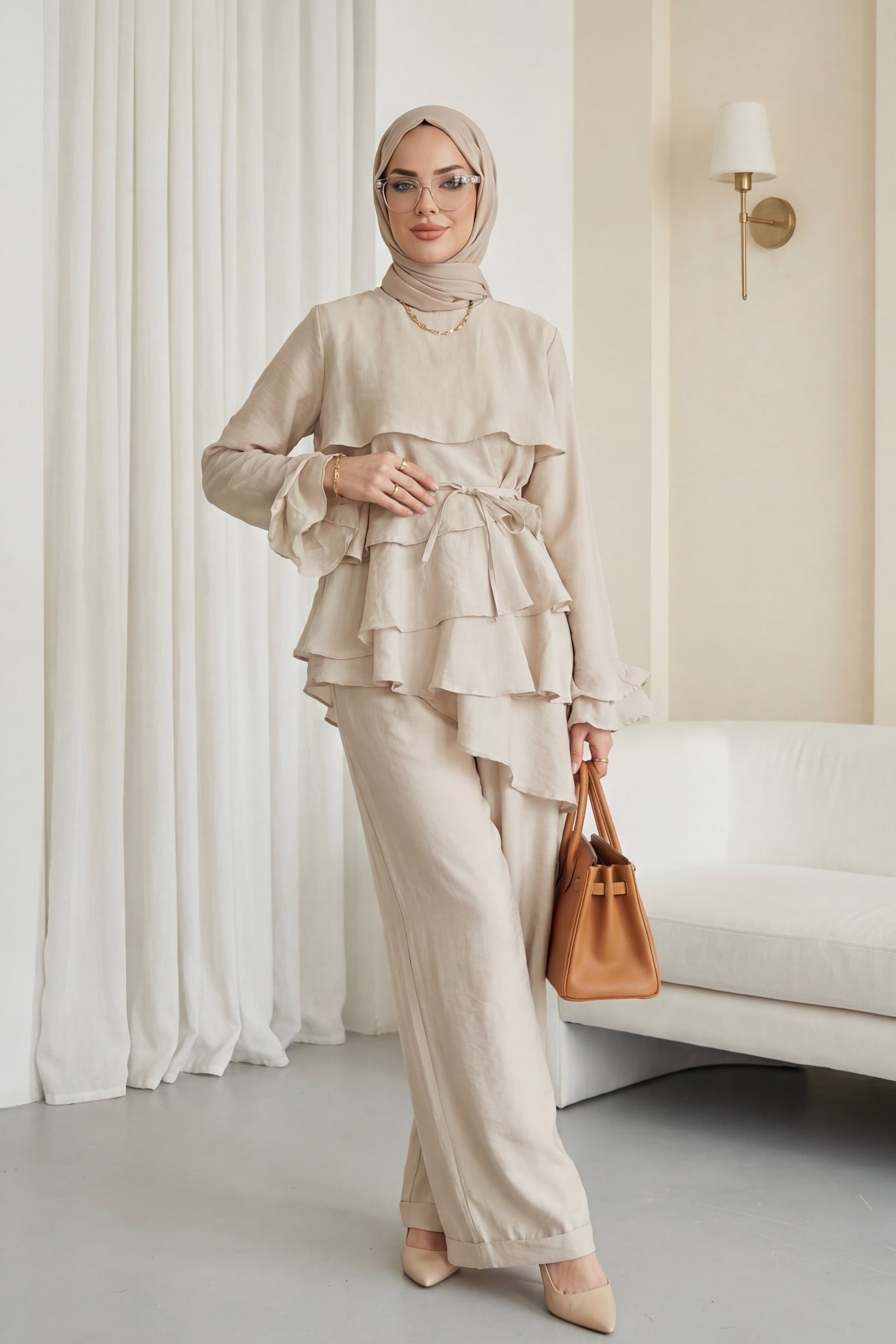 Asymmetric Layered Lace-Up Lined Co-ord Set in Stone - Podyumplus - by Peralane - photo 3