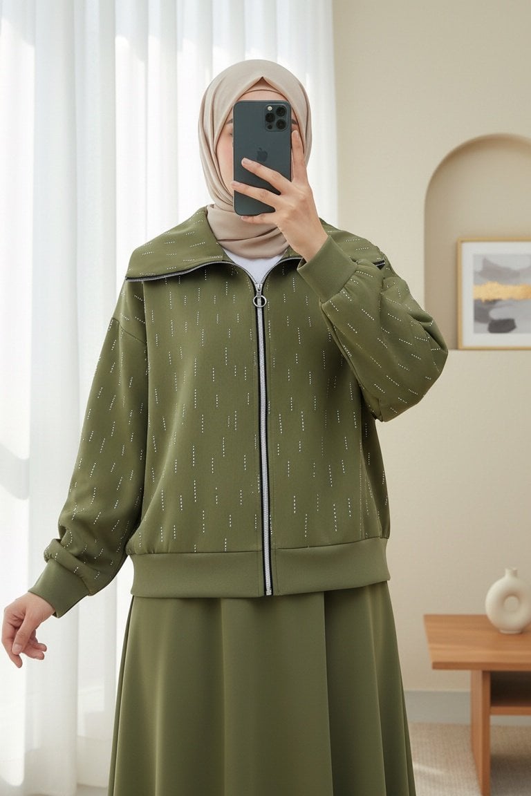 Zip-Up Stone-Detailed Scuba Jacket and Skirt Set in Khaki - Podyumplus - by Peralane