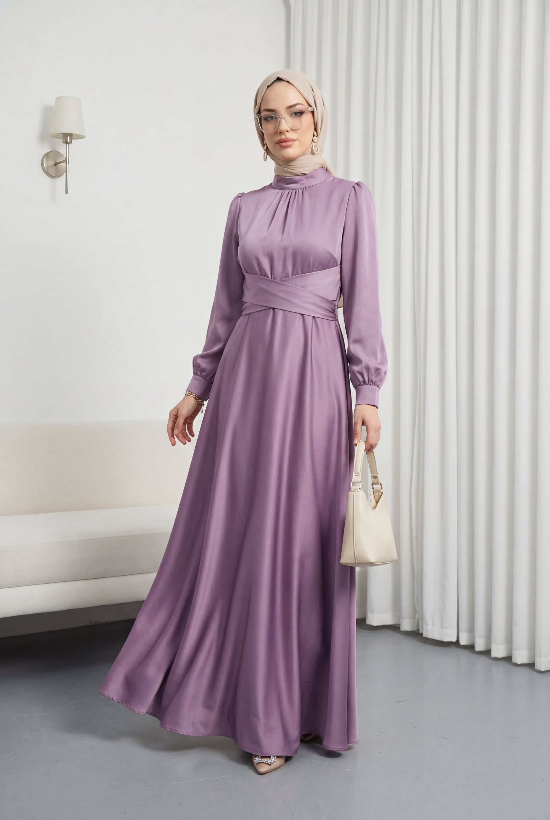 Women's Lavender Purple Round Neck Satin Dress with Cross Waist Tie - Podyumplus - by Peralane