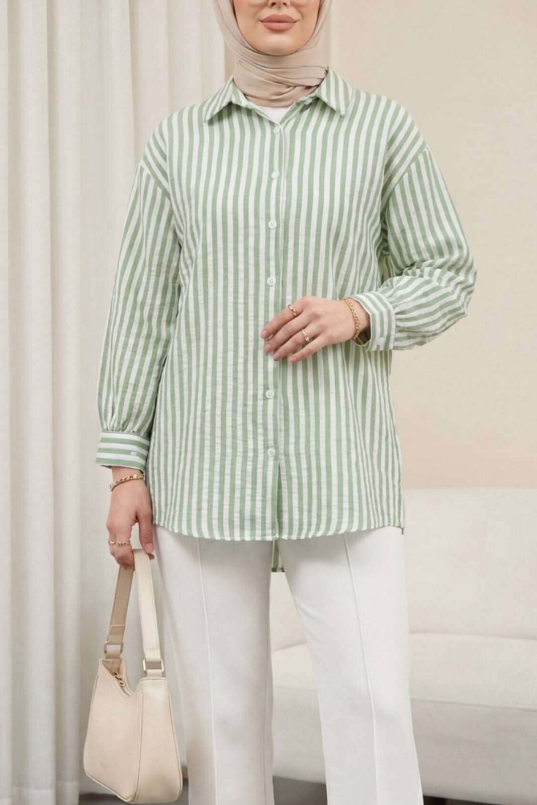 Striped Linen Look Tunic and Trousers Set - Green - Podyumplus - by Peralane - photo 6