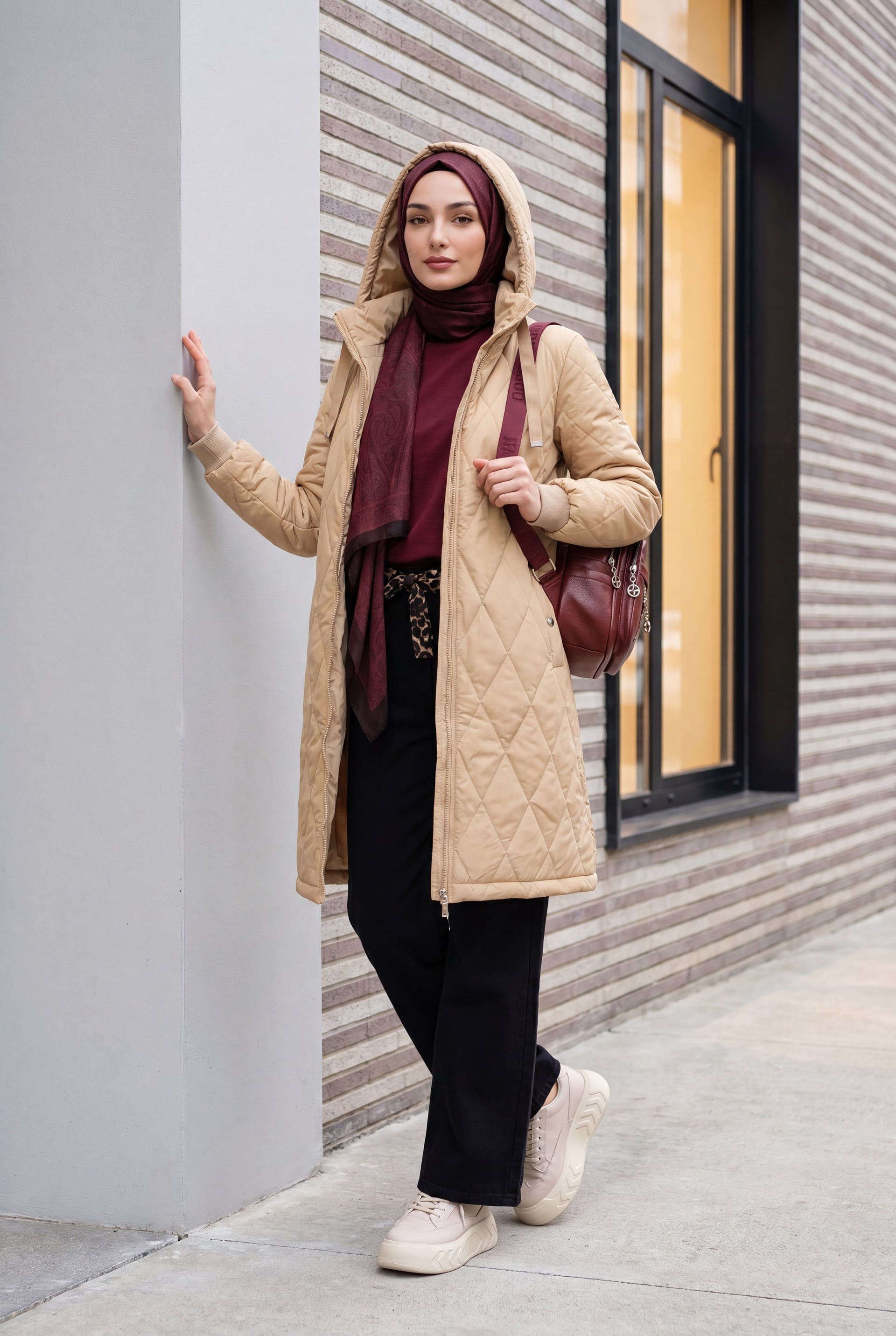 Women's Hooded Quilted Longline Jacket in Beige - Podyumplus - by Peralane - photo 3