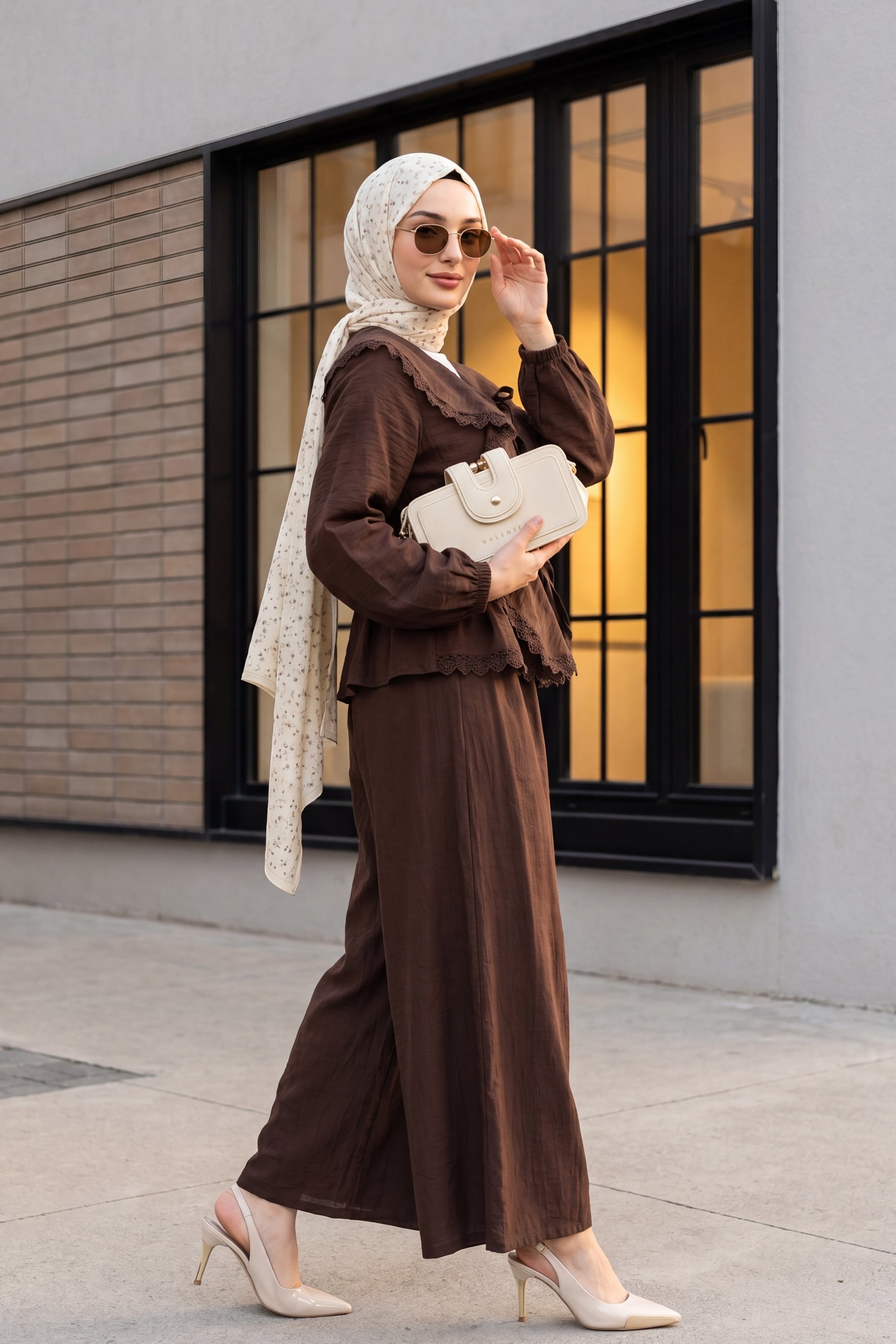 Lace Detail Tie-Front Wide-Leg Trousers Co-ord Set - Dark Brown - Podyumplus - by Peralane - photo 4