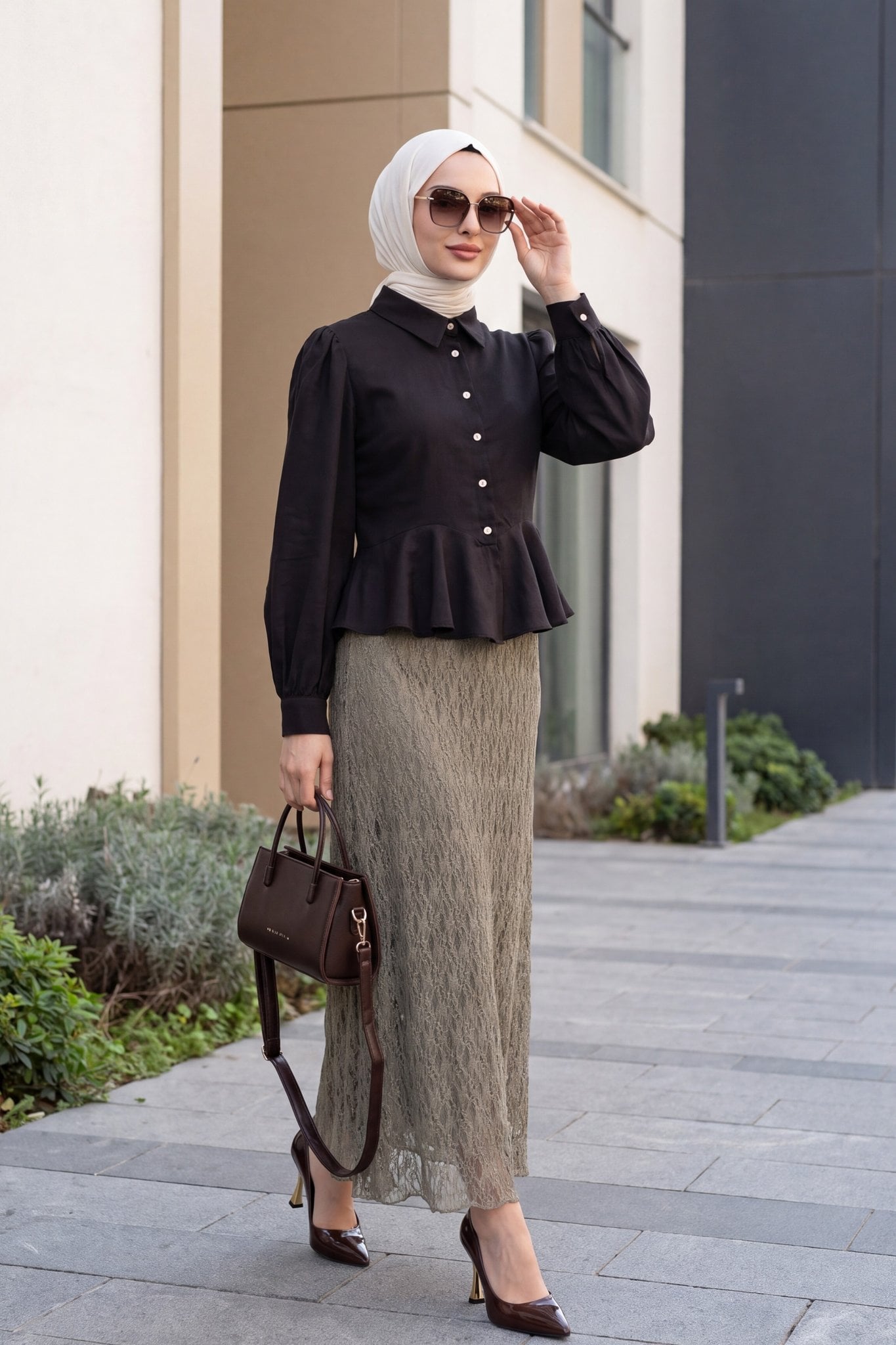 Lace Elastic Waist Lined Skirt - Taupe Grey - Podyumplus - by Peralane - photo 3