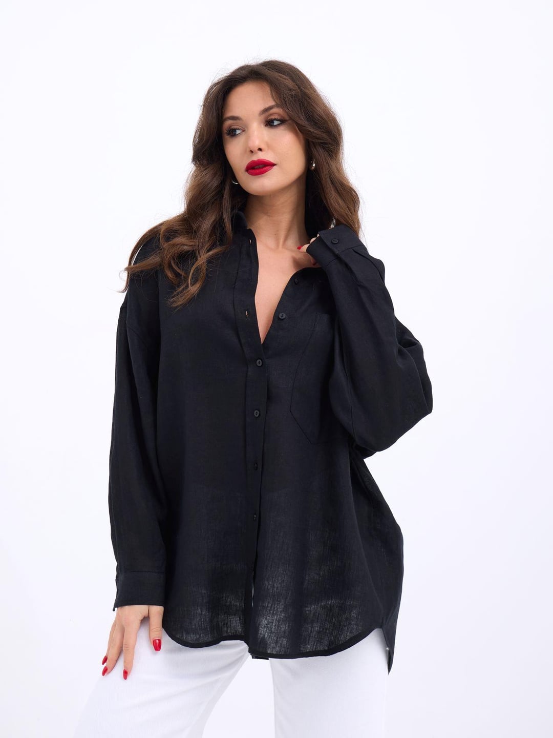 Black Linen Long-Sleeve Blouse with Collar and Chest Pocket - Fame - by Peralane - photo 5