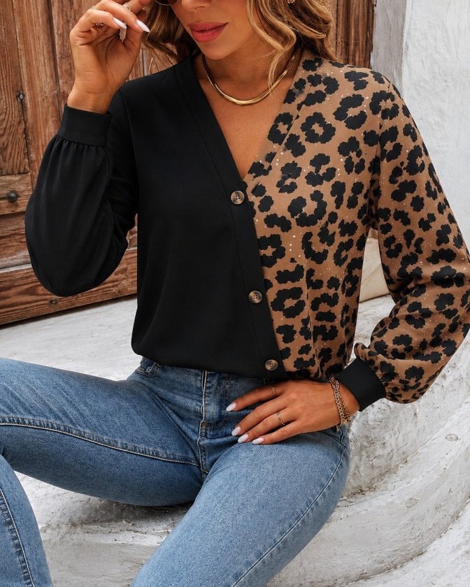 Women's Long Sleeve V-Neck Wrap Blouse with Leopard Print Detail - Janes - by Peralane